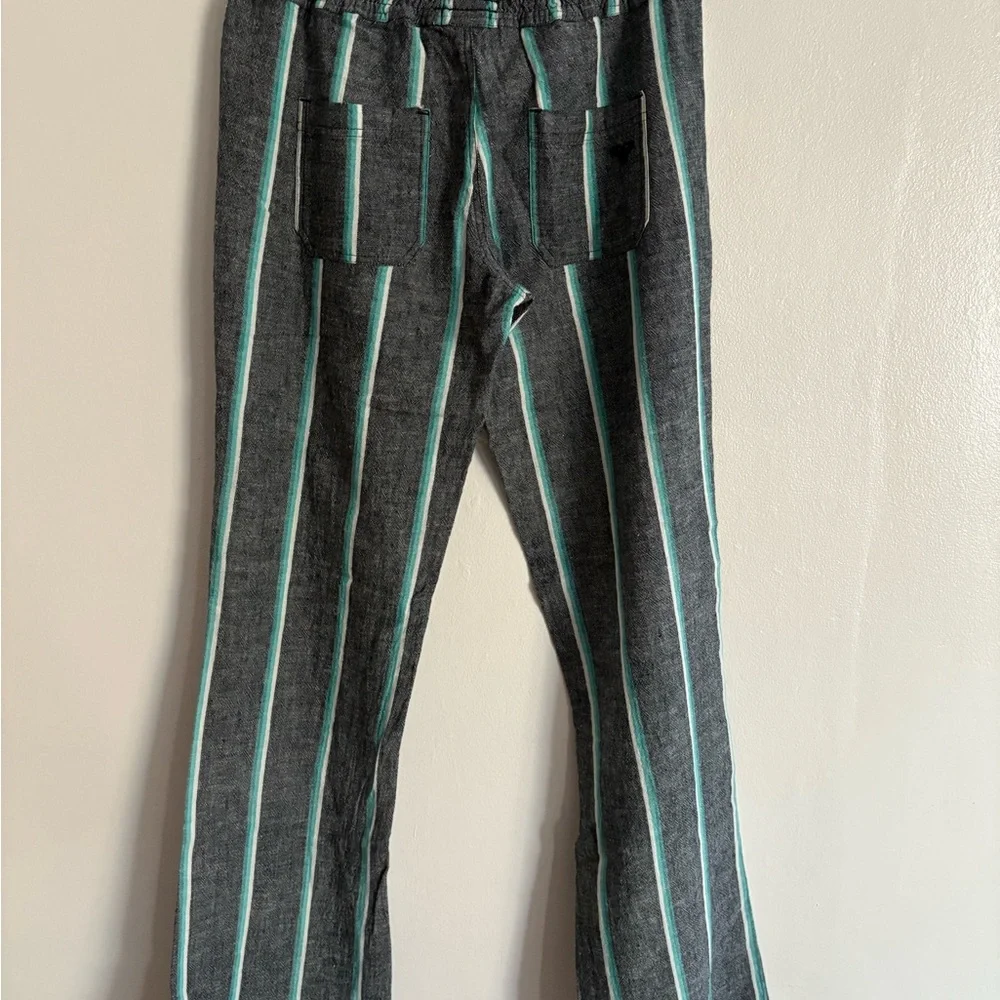 Roxy Oceanside Yarn Linen Cotton Blend Gray Striped Wide Leg Pants Medium - Picture 8 of 14